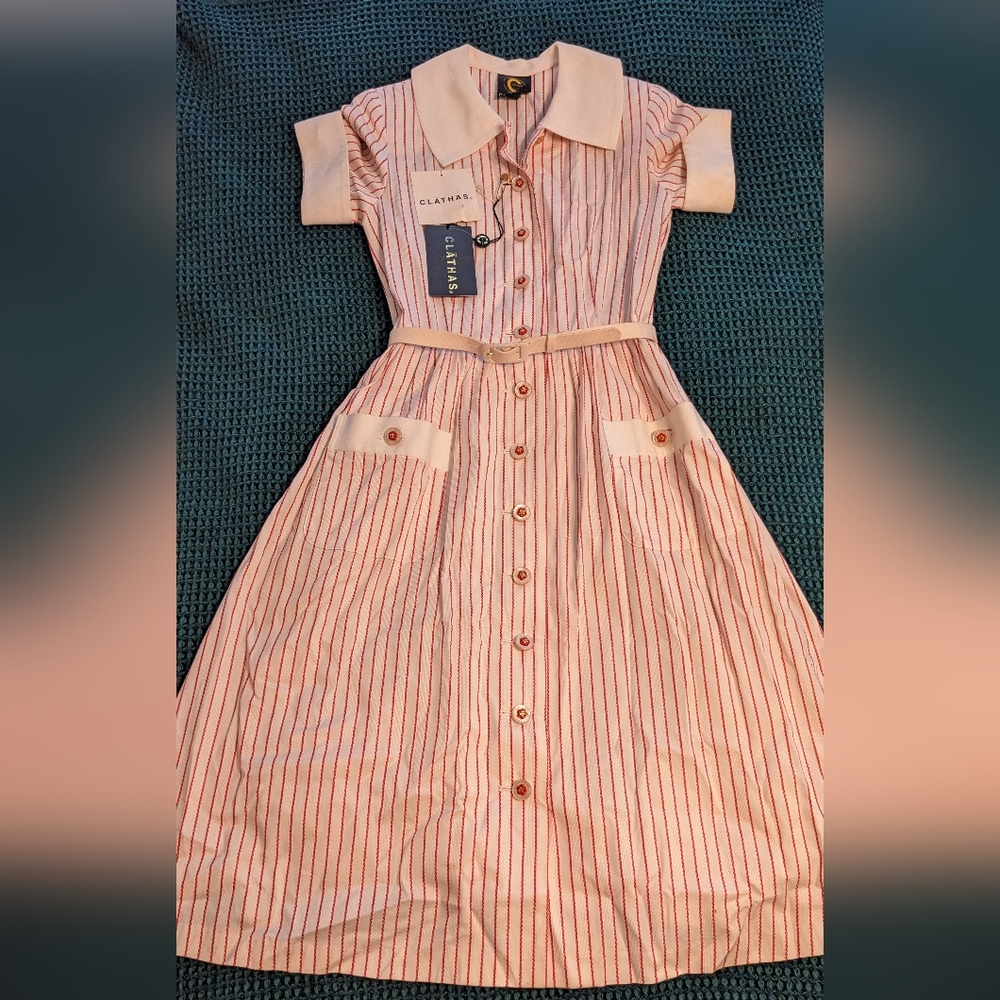 Clāthas Japanese Red and White Rockabilly 50s Diner Style Midi Dress 2-4/XS-S